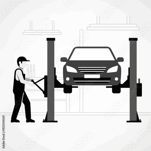 Mechanic lifts car on hydraulic platform for repair in auto service workshop