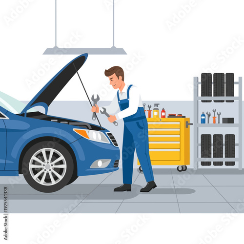 Mechanic repairing a blue car engine in a workshop with tools and equipment