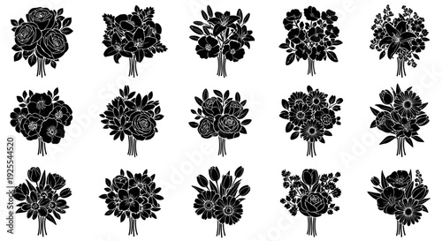 Black floral bouquets collection on white background various flower arrangements decorative blooms
