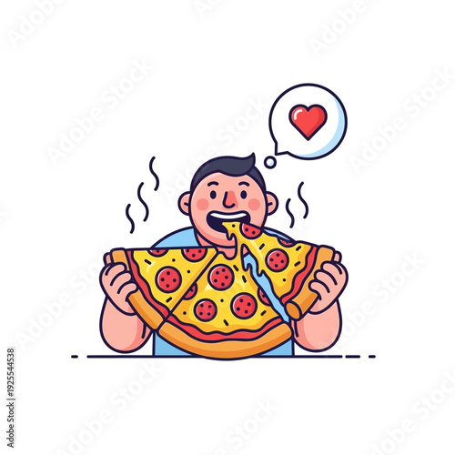 Man happily eating a large slice of pepperoni pizza, feeling love for food.