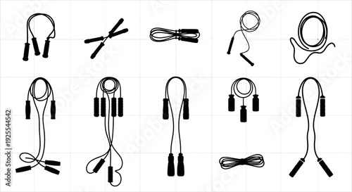 Jump rope icons set various black jump ropes on white background for fitness and exercise concepts