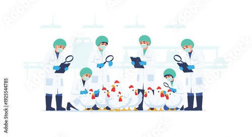 Six scientists in white lab coats and protective gear use magnifying glasses and clipboards to examine white chickens in a clean industrial laboratory setting.