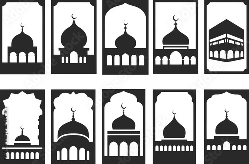 Diverse Islamic architectural symbols including mosques, minarets, and the Kaaba, presented in stylized silhouettes.