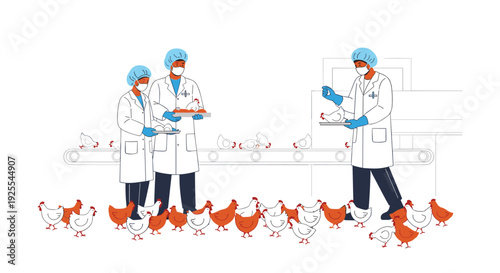 Three poultry workers in white lab coats and blue caps handle brown and white chickens near a conveyor belt in a food processing facility.