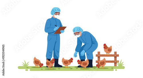 Two veterinarians in blue protective suits and goggles examine brown chickens on a green grass field with a small wooden fence in the background.