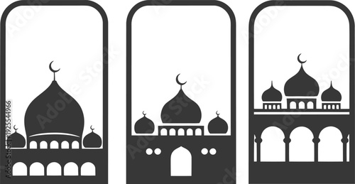 Three contemporary Islamic mosque silhouettes with domes and arches, displayed within rounded rectangular frames.
