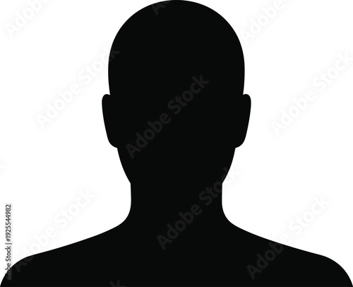 Black silhouette of human head and shoulders, generic avatar placeholder for profile, identity concealment, social media, digital interface, and abstract design concept illustration