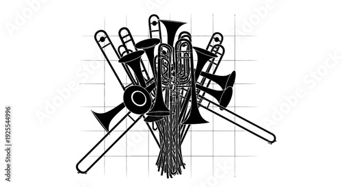 Black and white illustration of musical instruments bouquet with flutes clarinets and trumpets on grid background