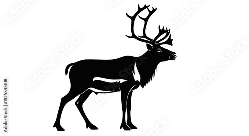 Black silhouette of a majestic stag with large antlers standing alone on white background symbolizing wildlife and nature