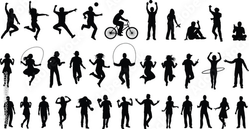 People, silhouette, group, collection, activity, lifestyle, sports, jumping, dancing, running, standing, diverse, figures, variety, posing, outdoor, action, flavector, vector, set,