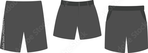 Illustration of three different shorts styles showing plain, formal, and casual designs with waistband, pockets, and belt loops, useful for fashion, apparel, and retail design