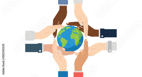 Eight diverse hands with various skin tones and colored sleeves reach inward to touch a central blue and green globe of the Earth on a white background.