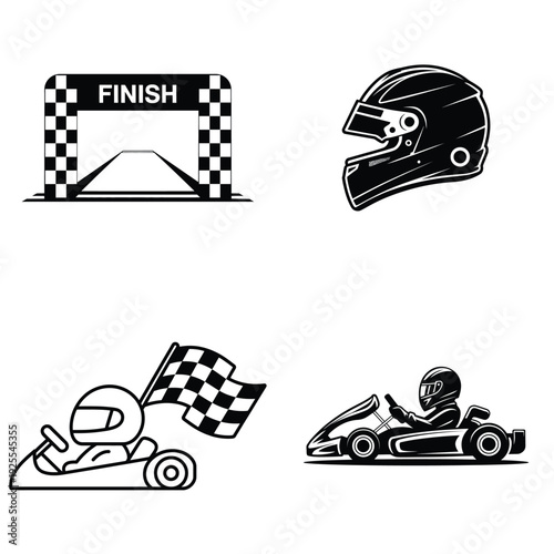 Black go-kart racing vector icons set with helmet and finish line isolated on white background
