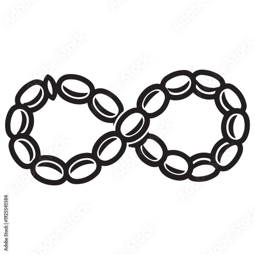 Black and white vector line art illustration of a chain of sausages linked together to form an infinity symbol loop, isolated on white background for butcher shop logo.