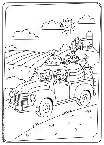  Automobile coloring page with two happy boys driving a truck full of large bags