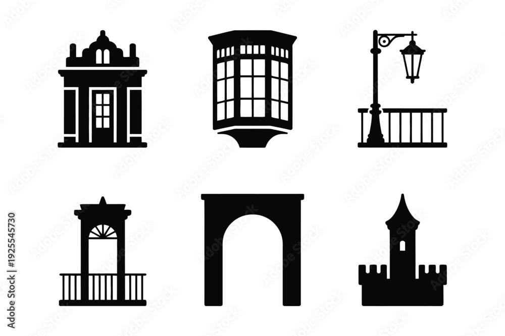 Fototapeta premium Architectural Elements Icons: Facades, Arches, Towers