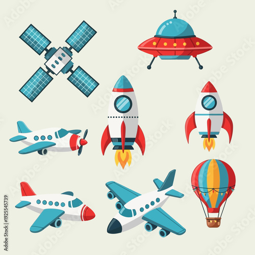 Set of cartoon aircraft, rockets, satellite, ufo, and hot air balloon on a light background