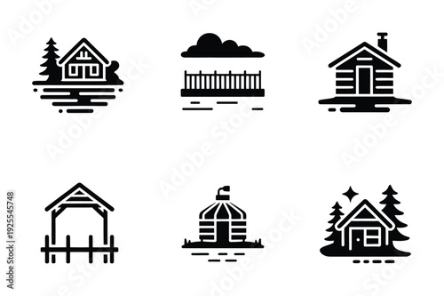 Building Icons: Houses, Gazebo, Fence, Pagoda