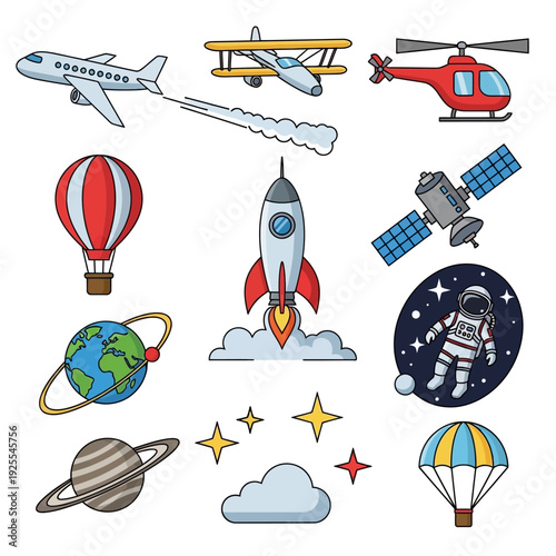 Space and Aviation Icons: Rocket, Airplane, Helicopter, Spaceship, Astronaut, Planets