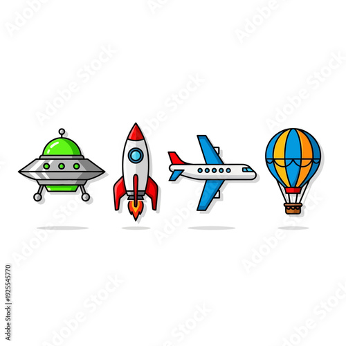 Set of cartoon flying vehicles: UFO, rocket, airplane, hot air balloon