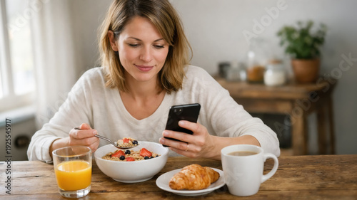 Woman having healthy breakfast and using smartphone at kitchen table. Morning routine with coffee, juice and fresh food concept.