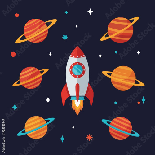 Cartoon rocket ship flying among planets and stars in deep space, vector illustration