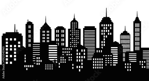Expansive City Skyline Silhouette with Numerous Skyscrapers on Isolated White Background
