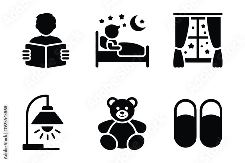 Bedtime routine icons: reading, sleeping, window, teddy bear