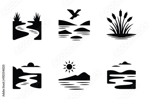 Nature landscape icons: river, lake, mountain, sun, reeds