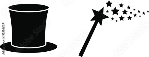 Magic hat and wand silhouette, magician illusion vector illustration isolated on white background, fantasy symbol design element graphic