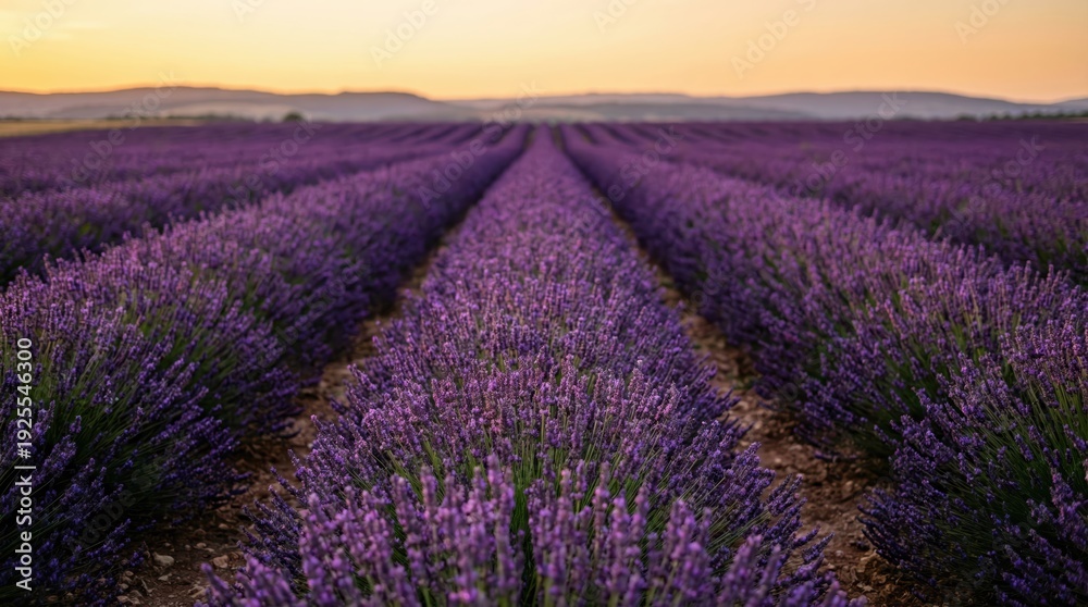 Obraz premium Expansive lavender field at sunset with vibrant purple blooms and distant mountains in provence, france