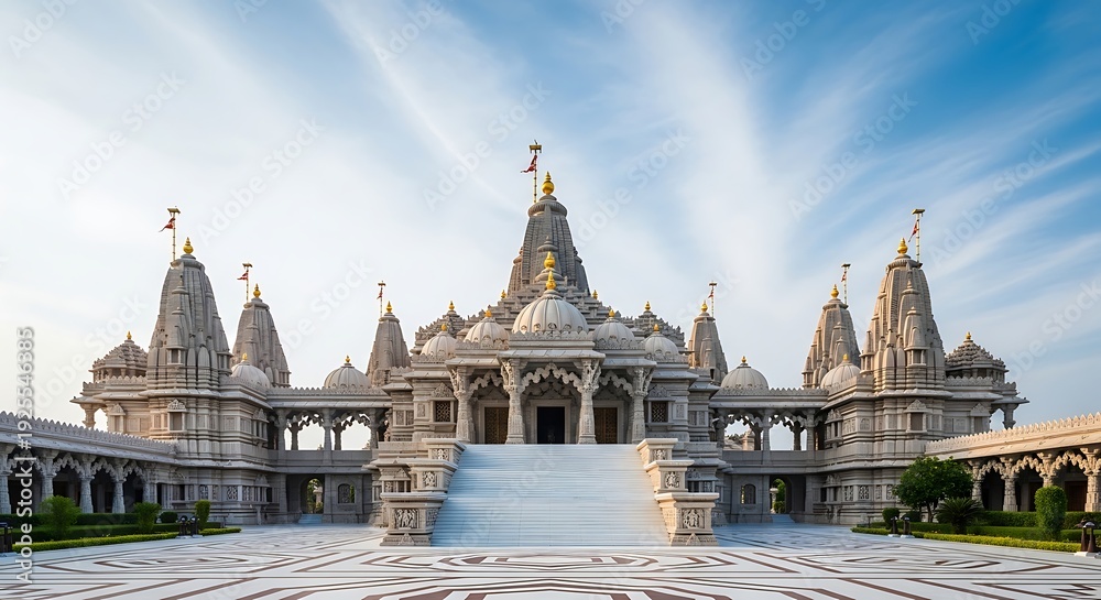 Fototapeta premium Large ornate Hindu temple with multiple spires and domes exterior architecture