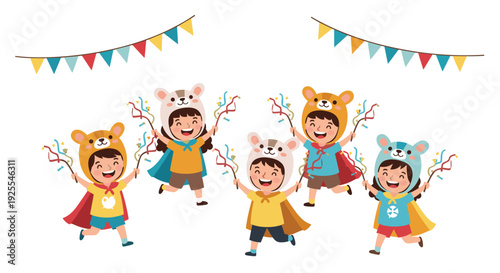Five happy children wearing animal hats and capes jump and wave colorful confetti sticks under two rows of multi-colored triangular party bunting on white.