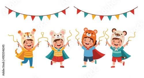 Four children wearing animal hats and capes cheer while holding yellow streamers under two rows of red and blue triangular party bunting against white.