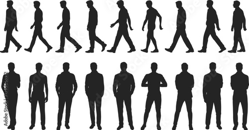 Silhouette illustration of male figures showing walking cycle stages and static standing poses, symbolizing human motion, posture analysis, animation, ergonomics, and character design