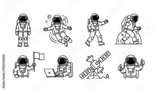 A set of vector illustrations depicting astronauts in various space-related activities
