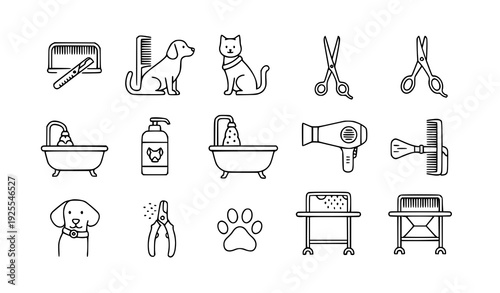 A set of black and white line art icons for pet grooming and care