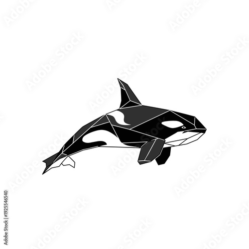 Abstract geometric killer whale in black and white minimalist design