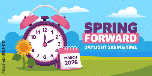 Spring forward daylight saving time concept with alarm clock and calendar  seasonal reminder