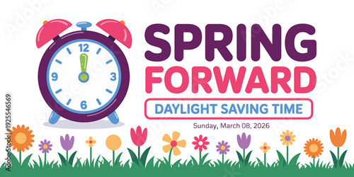Spring forward daylight saving time concept with alarm clock and flowers