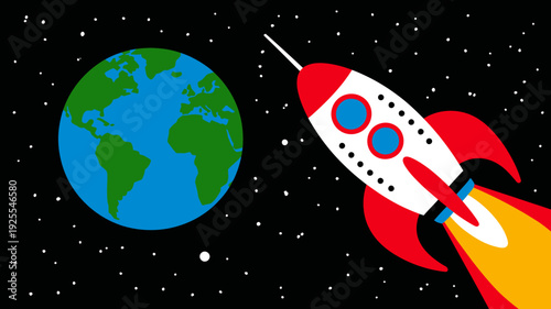 Cartoon rocket flying towards earth planet in space with stars