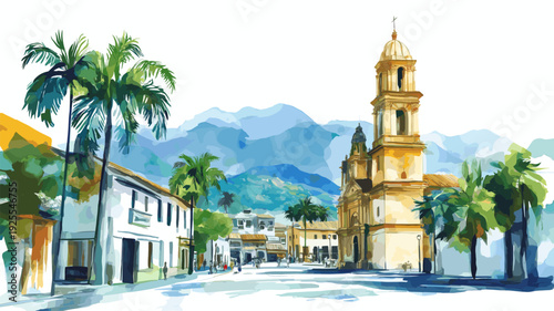 Santiago ? Cerro San Cristobal & Plaza de Armas. Santiago ? Cerro San Cristobal & Plaza de Armas hand drawn watercolor illustration