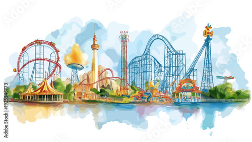 Six Flags Great Adventure. Six Flags Great Adventure hand drawn watercolor illustration