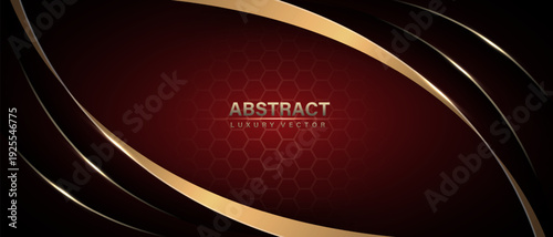 Abstract red luxury background with golden ribbon elements and hexagon mesh decoration design modern vector