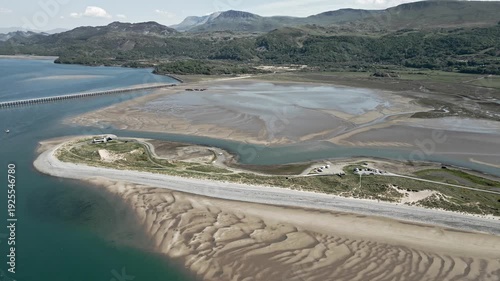 Estuary Landscape Barmouth Wales Salt Marsh Aerial View Mountains