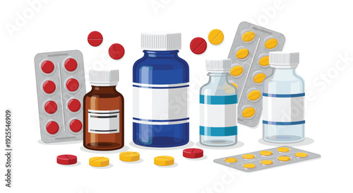 An arrangement of various pharmaceutical containers including glass bottles and plastic vials surrounded by blister packs and loose colorful pills on a white background.