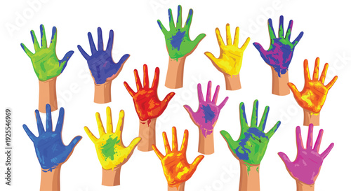 A group of twelve hands and forearms are raised upwards with palms and fingers fully coated in bright multicolored paint against a plain white background.