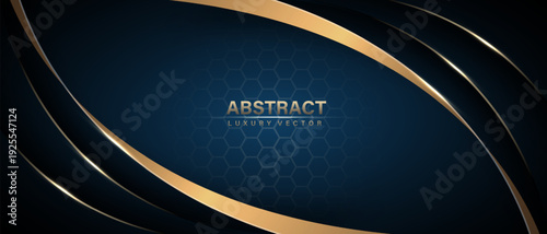 Abstract blue luxury background with golden ribbon elements and hexagon mesh decoration design modern vector