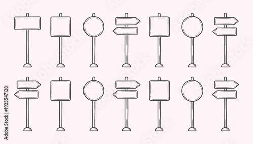A collection of blank signpost icons on a pink background