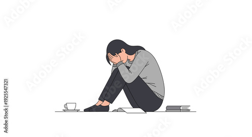 A woman sits on the floor with her face hidden in her hands next to a cup of coffee and a pile of books on a white background.